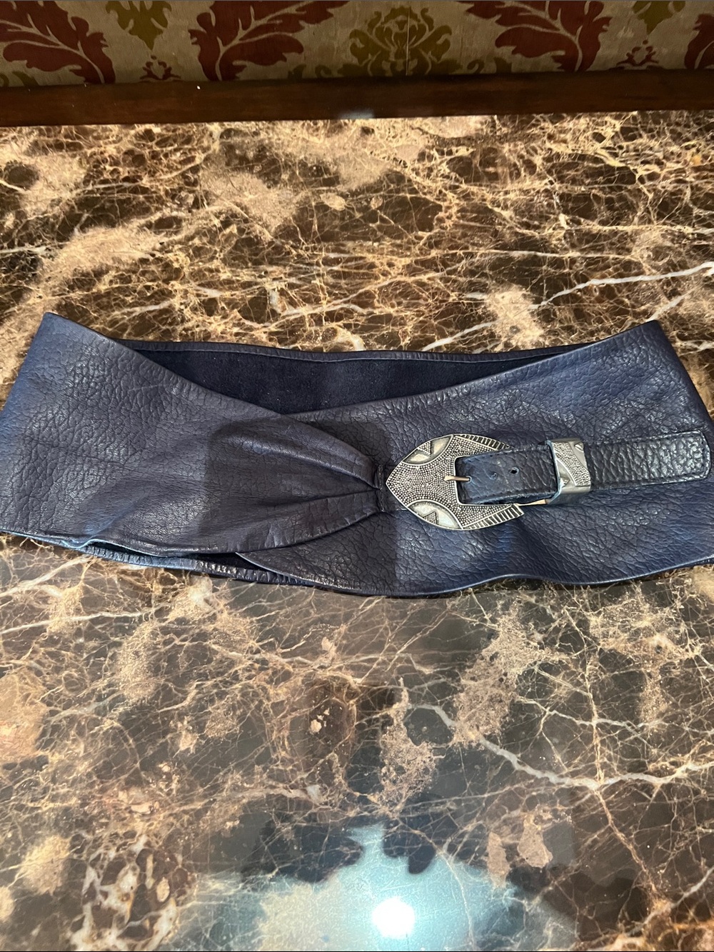 Wide Navy Leather Waist Belt with Decorative Silver Buckle